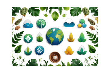 collection of eco-friendly and earth-themed digital icons and natural elements, no background