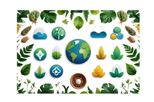 collection of eco-friendly and earth-themed digital icons and natural elements, no background