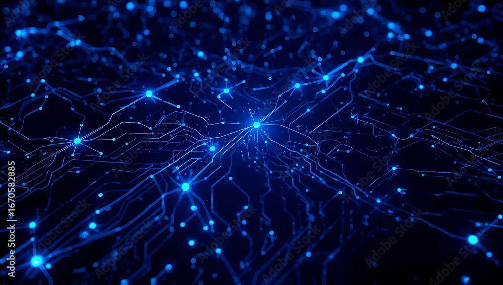 Poster abstract blue circuit board with glowing connections, symbolizing modern technology, computer networ
