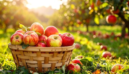Fresh Red and Green Apples in Woven Basket on Orchard Ground in Bright Sunlight