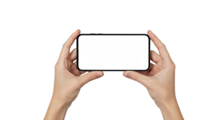 Pristine, sleek, modern neutral smartphone held horizontally by clean, neutral hands on a transparent background with copy space, screen blank white canvas, concept of digital possibilities unlocked