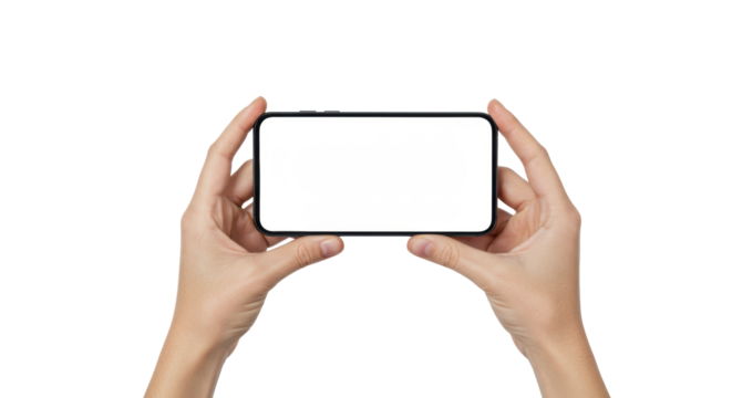 Pristine, sleek, modern neutral smartphone held horizontally by clean, neutral hands on a transparent background with copy space, screen blank white canvas, concept of digital possibilities unlocked