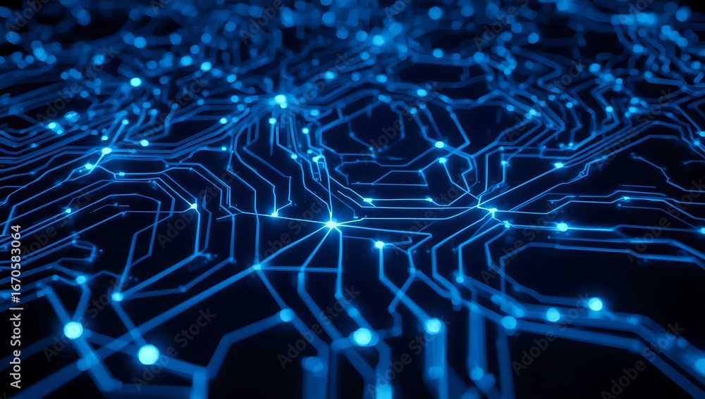 Poster futuristic blue circuit board with glowing lines and nodes, representing modern technology, computer
