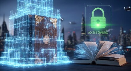 Digital age a futuristic book with access granted, surrounded by technological city elements and a glowing lock, symbolizing cybersecurity