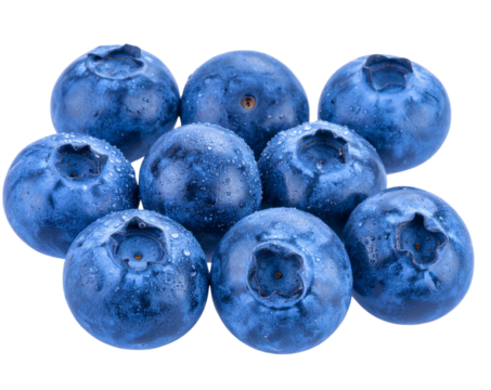 Handful of Fresh Blueberries Scattered in Organic Layout, Side Angle, isolated on transparent background PNG - Powered by Adobe