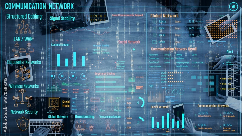 Poster data center monitoring dashboard visualize network performance, connection status, usage rate, and t