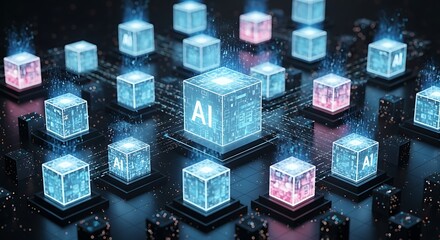 Artificial intelligence cubes interconnected in a glowing network, representing the future of technology and digital data connections