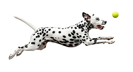 Fototapeta premium Dalmatian dog running after a tennis ball isolated on white background, showcasing its agility and energy in a playful action shot