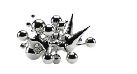 Reflective chrome & liquid metal abstract shapes, some fluid, some sharp, interconnected on a transparent background with copy space, soft lighting. Concept of technological advancement and data