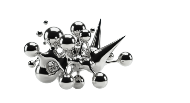Reflective chrome & liquid metal abstract shapes, some fluid, some sharp, interconnected on a transparent background with copy space, soft lighting. Concept of technological advancement and data