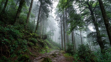 Obraz premium Misty forest scene with tall trees, green foliage, and a winding path