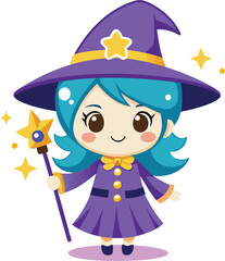  cute kawaii witch holding magic wand clean white