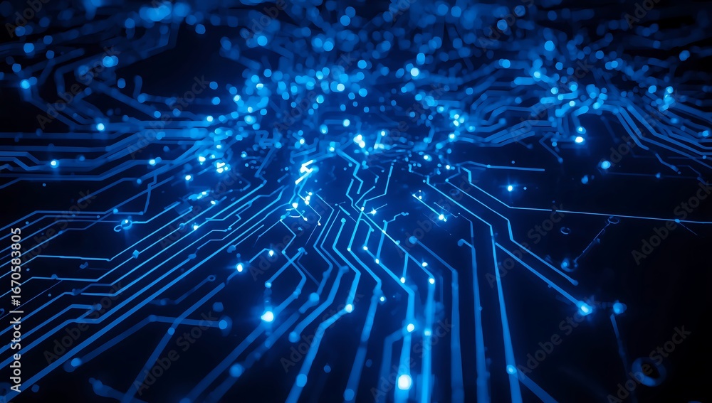 Poster a mesmerizing view of a blue circuit board, highlighting the complex web of connections that drive o