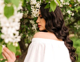 Naklejka premium Woman in white, spring flowers