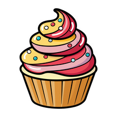 Delicious cupcake vector illustration with swirled frosting, colorful sprinkles, dessert art design, sweet bakery pastry perfect for menu, branding, decorations
