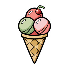 Colorful vector illustration of ice cream cone with two scoops, cherry topping, sweet dessert design for summer food artwork lovers