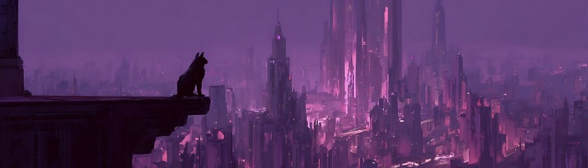 Naklejka premium Silhouetted cat perched on a rooftop overlooking a futuristic cityscape at night.