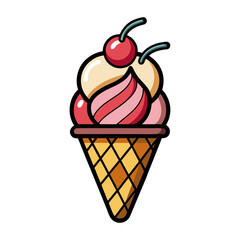 Colorful vector illustration of ice cream cone with two scoops, cherry topping, sweet dessert design for summer food artwork lovers