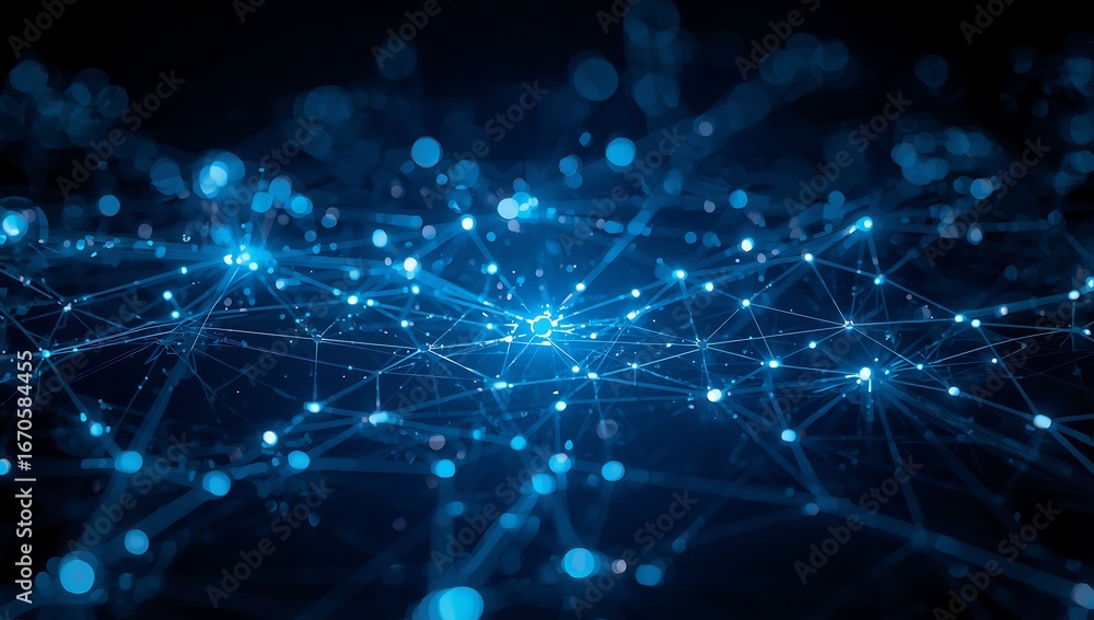 Poster abstract futuristic technology network connection with glowing dots and lines on dark blue backgroun