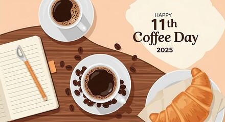 Happy 11th coffee day with coffee cup, croissant and notebook on table