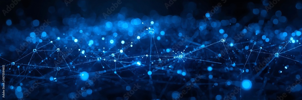 Poster abstract futuristic technology network connection with glowing dots and lines on dark blue backgroun