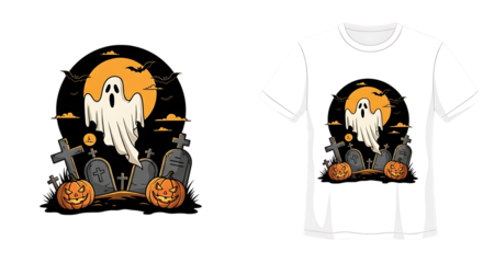 Halloween spirit illustration on a t-shirt featuring spooky ghost cemetery and