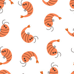 Seamless shrimp pattern on a white background. Vector illustration for printing. Cute baby background 
