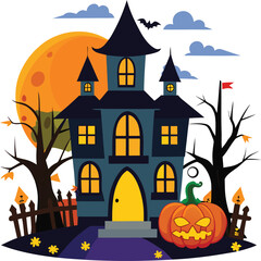 haunted house with pumpkin patch in front clean 