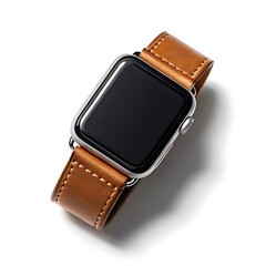 A close up view of a silver apple watch with a brown leather strap on a white surface studio shot