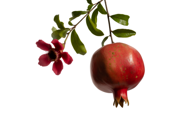 Pomegranate Fruit and Red Flower on a Branch green leaves isolated on a transparent background