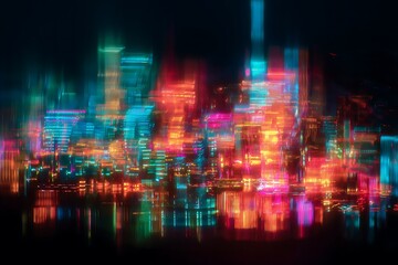 Fototapeta premium Neon city skyline at night with vibrant reflections.