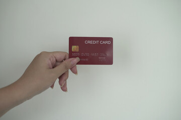 Female hands holding and pointing credit card for secure payment, shopping and paying online,...
