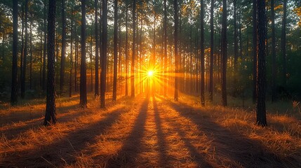 Fototapeta premium A serene, low sun casting long, golden shadows on the floor of a coastal palm forest, with warm light rays beaming through the dense trees