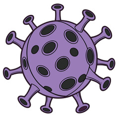 A digital illustration of a stylized virus. The virus is colored purple with darker purple and black accents. It is round with multiple spikes protruding from its surface.