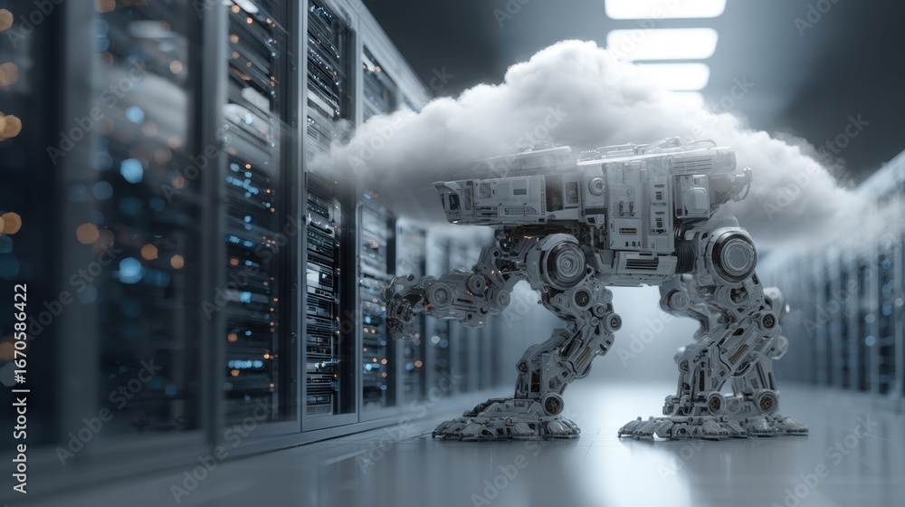 Poster a futuristic robot interacts with a server rack, surrounded by a cloud, symbolizing advanced technol