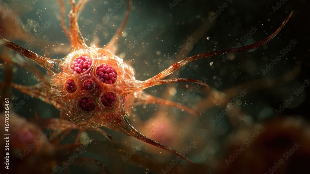 Poster a close-up view of a vibrant cell with protruding extensions, showcasing intricate details and textu