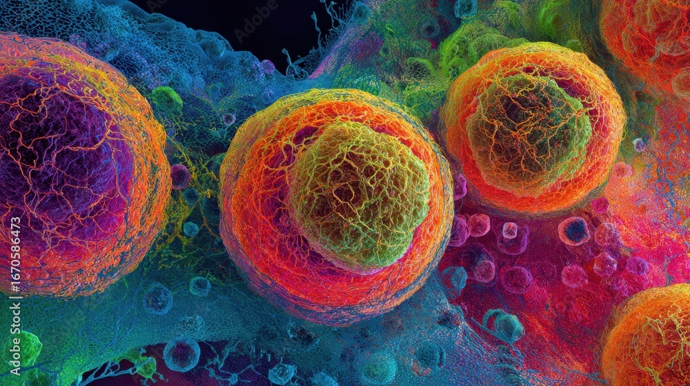 Aufkleber a vibrant, microscopic view of colorful cells, showcasing intricate structures and patterns in a str
