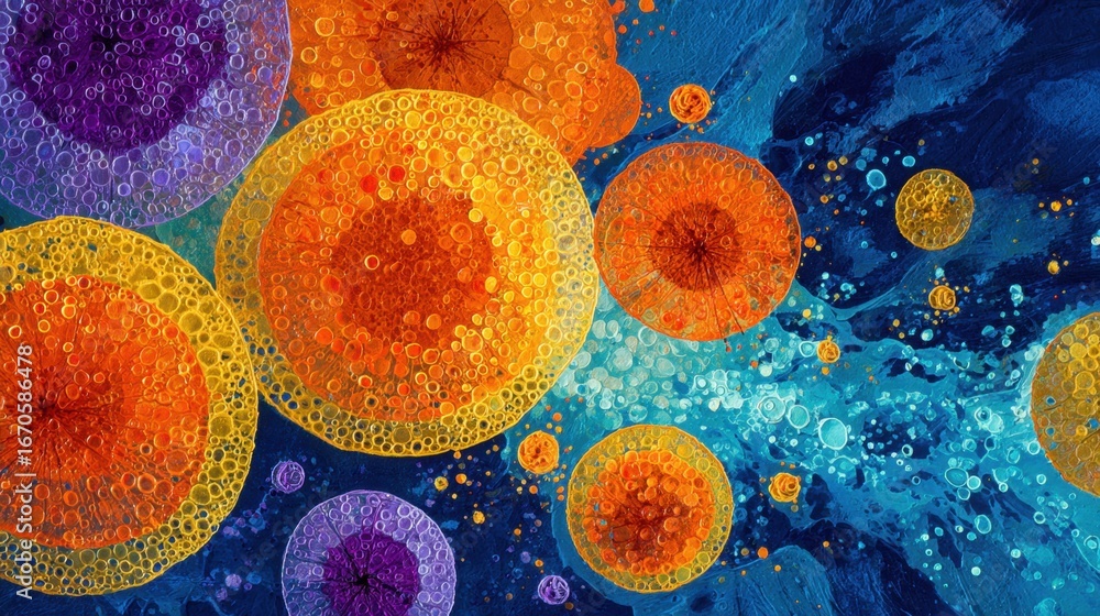 Poster a vibrant abstract representation of colorful circular forms floating in a deep blue background, evo
