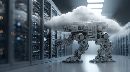 A futuristic robot interacts with a server rack, surrounded by a cloud, symbolizing advanced technology and data management.