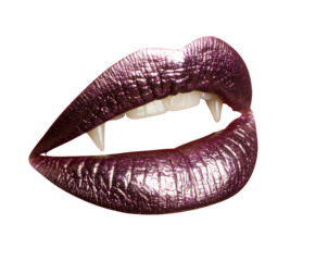 Dark Gothic Vampire Lips with Metallic Purple Lipstick and Exposed Fangs, Side Angle, isolated on transparent background PNG