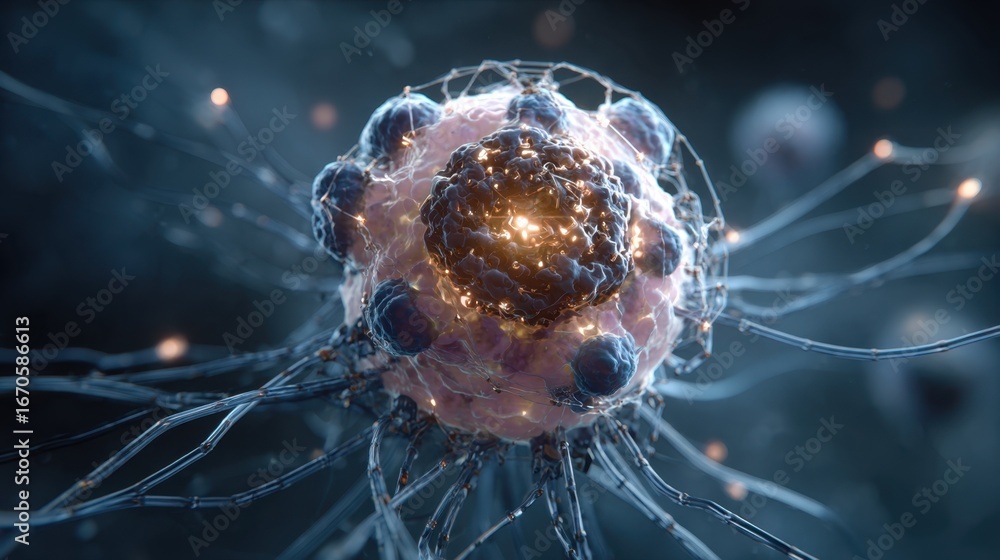 Poster a detailed depiction of a cell with intricate structures and connections, showcasing its core and ne