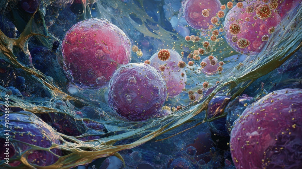 Poster a vibrant depiction of microscopic cells with intricate textures and colors, showcasing a microscopi
