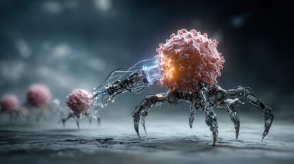 A futuristic robotic spider appears to interact with a vibrant, cancer-like cell in a surreal, sci-fi environment.