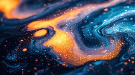 A macro shot of iridescent oil paint swirls on a canvas, with rich textures, flowing movements, and vibrant gradients of blue, orange, and gold