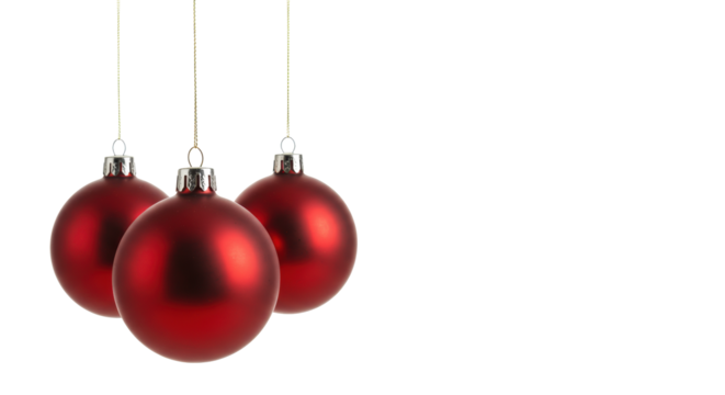 Four matte red spherical glass ornaments with silver caps, red strings, evenly spaced, suspended on a transparent studio background with copy space, concept for elegant festive product marketing