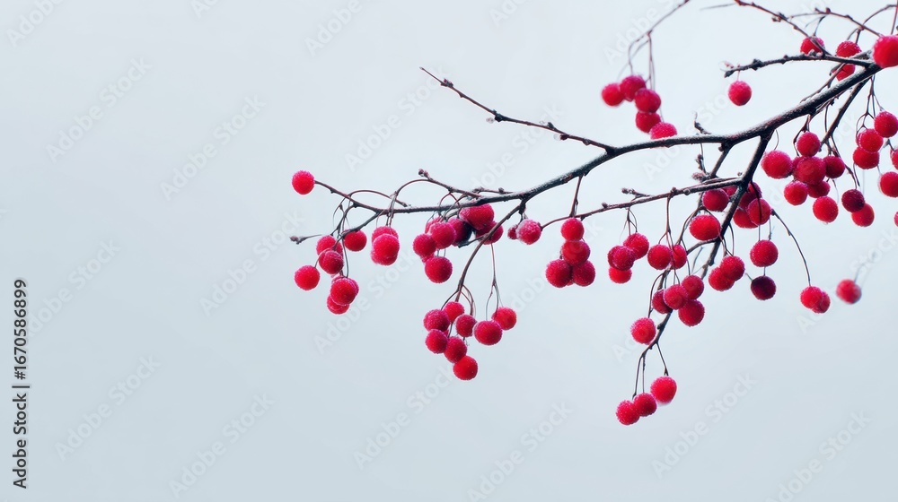 Poster a delicate branch displays vibrant red berries against a soft gray background, creating a serene and