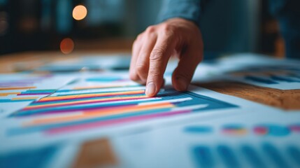 Fototapeta premium A hand points at colorful charts and graphs, emphasizing data analysis and presentation in a professional setting.