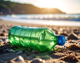 Plastic bottle on a beach at sunrise