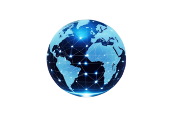 a globe illustration with a blue, and night theme, design that represents technology, data, connection, and a modern artistic approach.