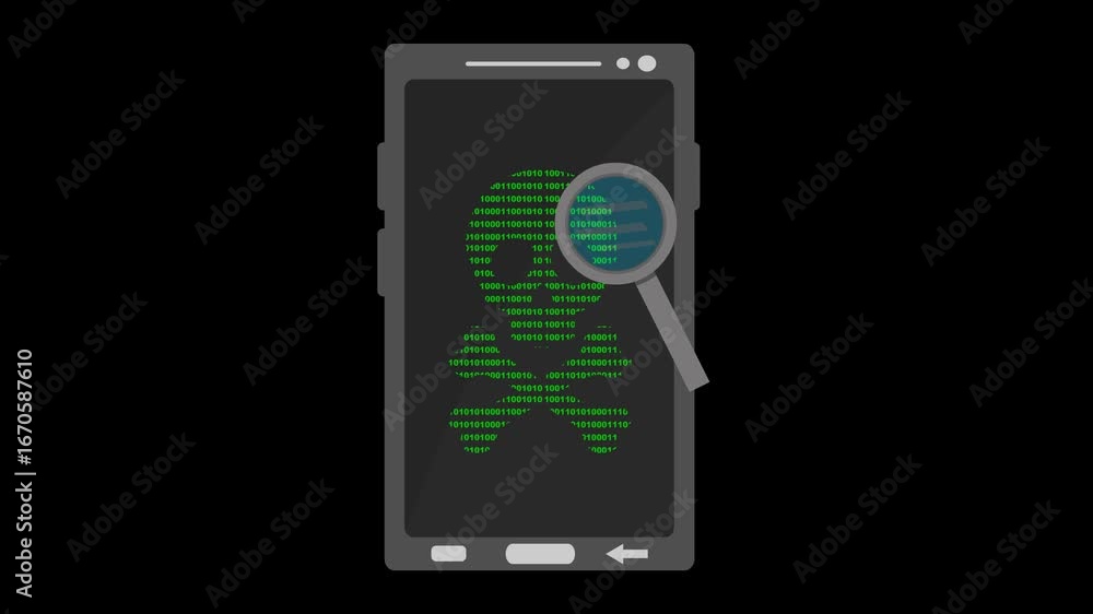 Poster video animation concept analyzing and searching for viruses on mobile phone device, on a transparent